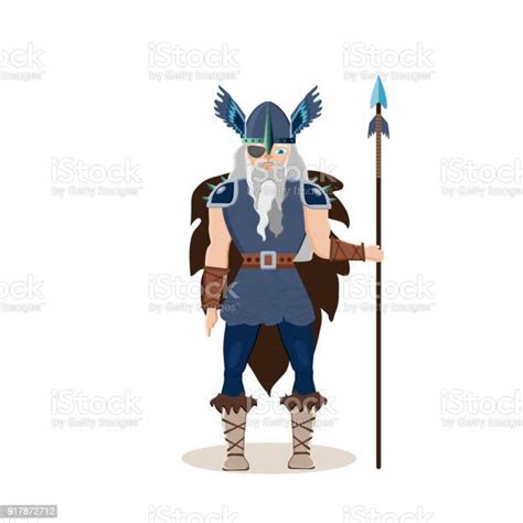 Viking Çizgi Film Karakteri İskandinav Tanrı Odin Bir Mızrak Ile Vektör