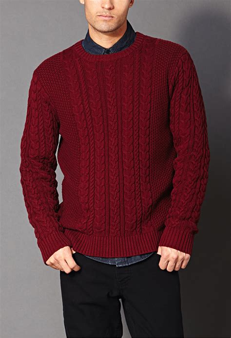 Forever 21 Chunky Cable Knit Sweater In Red For Men Lyst