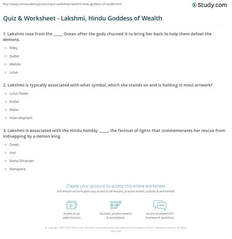 Quiz And Worksheet Lakshmi Hindu Goddess Of Wealth