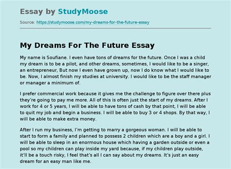 My Dreams For The Future Free Essay Example