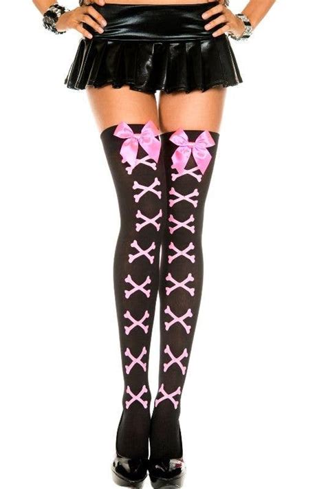 black crossbones stockings pink and black thigh highs with bows