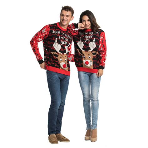 Mens Rude Ugly Reindeer Christmas Sweater With Pom Pom Nose