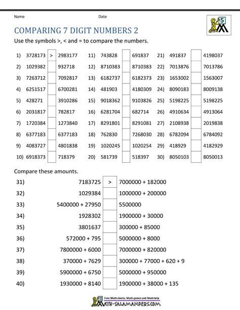 Comparing 9 Digit Numbers Worksheets