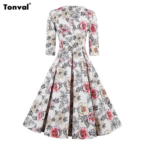 Tonval 4xl Womens Rockabilly Floral Pleated Dress Autumn Vestidos 2 3 Sleeve Retro Vintage 50s
