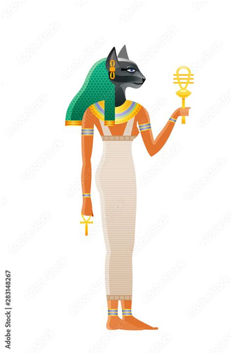 ancient egyptian goddess bastet deity with cat head 3d cartoon vector illustration old mural