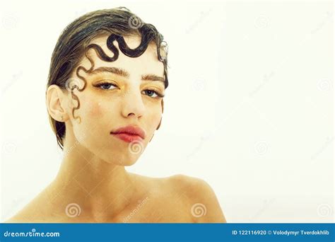 Pretty Girl With Cute Curly Lock Isolated On White Background Stock