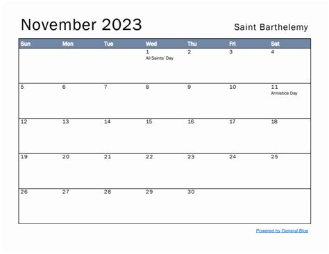 November 2023 Monthly Calendar With Saint Barthelemy Holidays