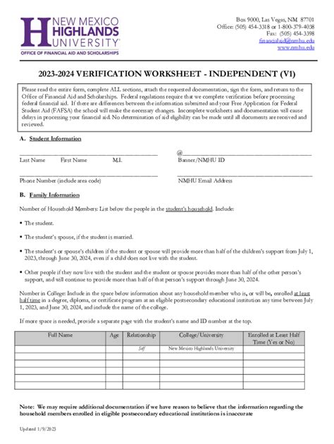 Fillable Online Its Nmhu 2023 2024 Verification Worksheet Independent
