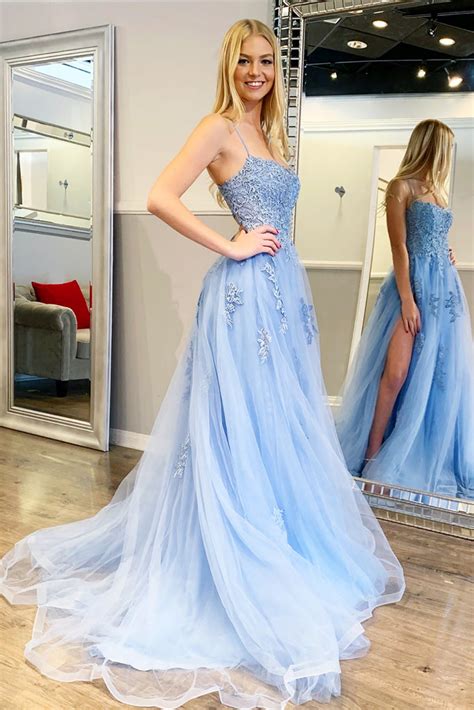 Gorgeous Backless Light Blue Floral Lace Long Prom Dress With Slit Li
