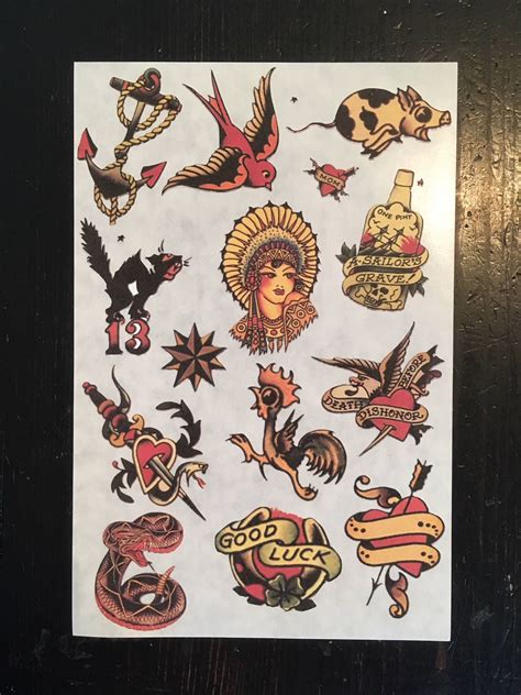 Sailor Jerry Tattoo Flash Sticker Set 1 With Swallow Lucky Anchor