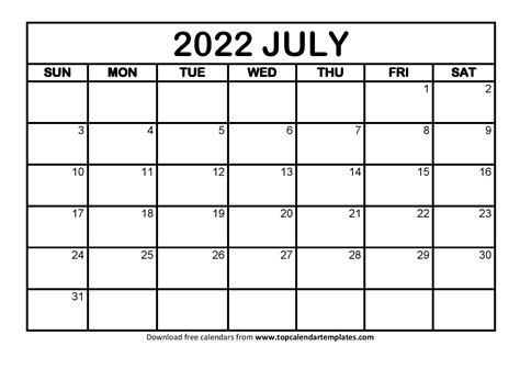 Printable Calendar July 2022 Templates Pdf Word Excel