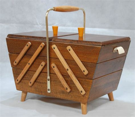 Original Vintage Retro S Wooden Cantilever Tier Craft Sewing Box