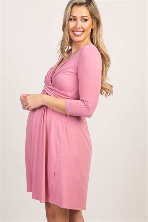 Pink Wrap Sleeve Maternity Nursing Dress In Nursing Dress