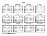 1493 one page yearly calendar with shaded weekends