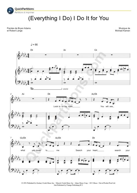 Partition Piano Everything I Do I Do It For You De Bryan Adams