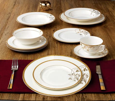 Lorren Home Trends La Luna Bone China Piece K Gold Floral Design Dinnerware Set Service