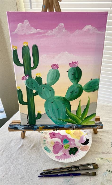Easy Cactus Painting Desert Golden Hour Flower Painting Canvas
