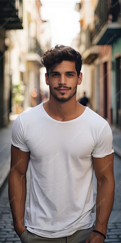 Premium Ai Image Male Latin Model In A Classic White Cotton Tshirt On A City Street