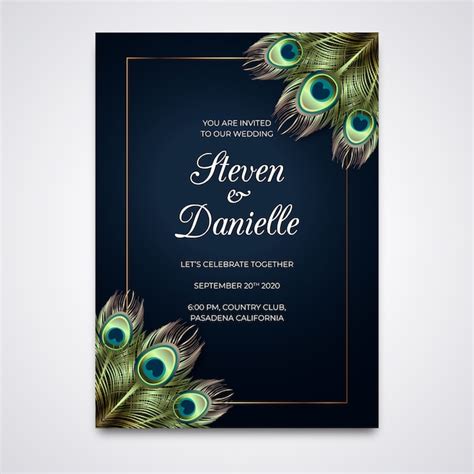 free vector wedding invitation template with peacock feathers