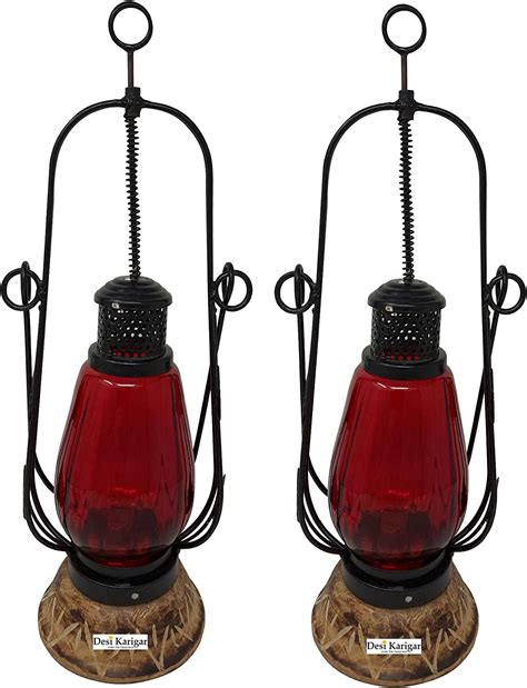 Desi Karigar Red Wooden Glass Lantern Sizelxbxh 45x45x1525 Inch Pack Of 2