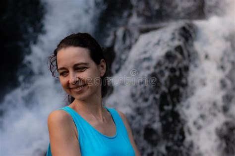 Close Up Portrait Of Happy Woman At Waterfall Smiling Caucasian Woman