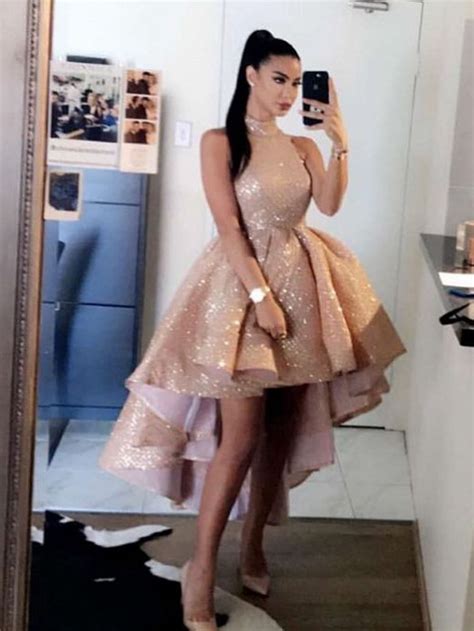 Elegant Rose Gold High Neck Prom Dresses 2020 Sexy Short Front Long Ba
