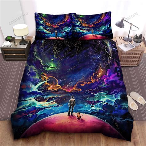 Man And Dog And Luminous Galaxy Bed Sheets Spread Comforter Duvet Cover