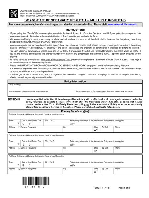 New York Life Beneficiary Change Form Fill Online Printable