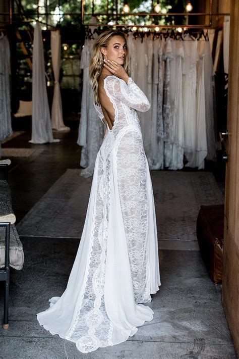 Sheer Long Sleeve Elegant Lace Rustic Bridal Dress Lunss