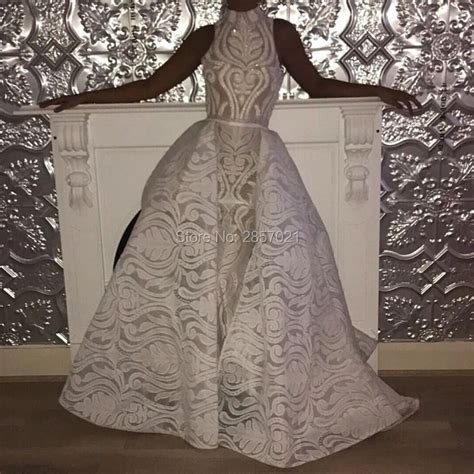 2018 White Muslim Evening Dresses Detachable Skirt Dubai Turkish Arabic Lace Mermaid Prom Dress