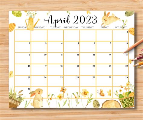 Editable April 2023 Calendar Happy Easter Day With Cute Bunnies
