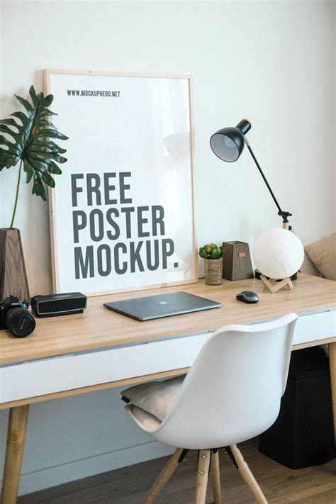 poster psd mockup mockuphero white wooden desk home decor modern living room