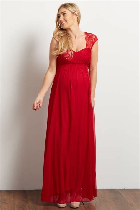 Red Lace Accent Chiffon Maternity Evening Gown Maternity Evening