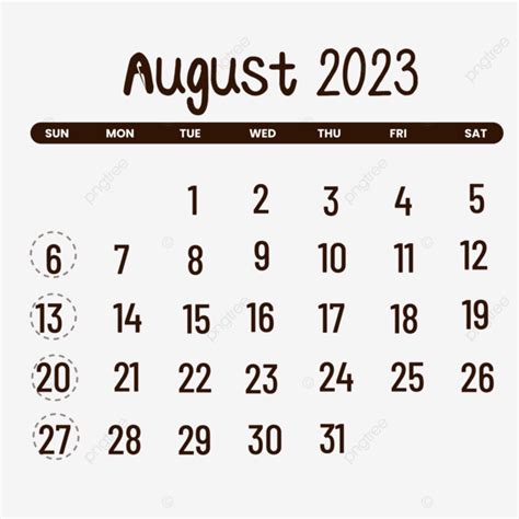 August Calendar 2023 Simple August August 2023 Calendar 2023 Png And