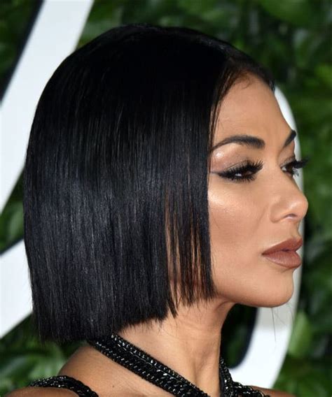 nicole scherzinger short straight black bob haircut with blunt cut bangs