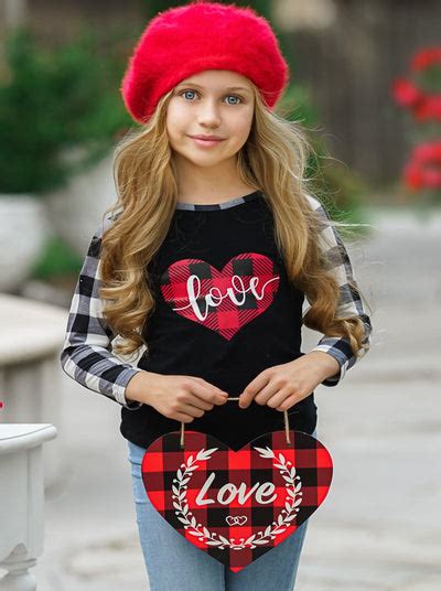 Toddler Valentines Tops Little Girls Plaid Raglan Sleeve Love Top