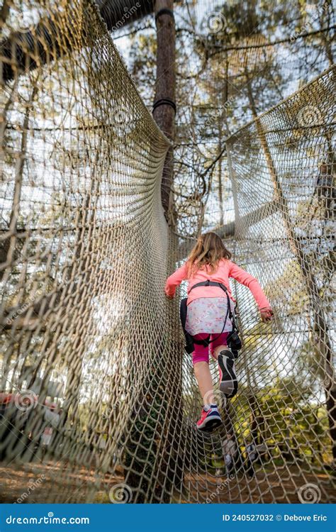 Cute Little Girl Having Fun In A Tree Climbing Park Stock Photo Image
