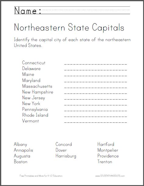 Northeastern State Capitals Identification Worksheet Free To Print