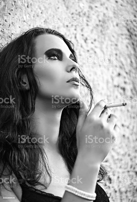 Sad Beautiful Young Woman Smoking Cigarette Closeup Black And White