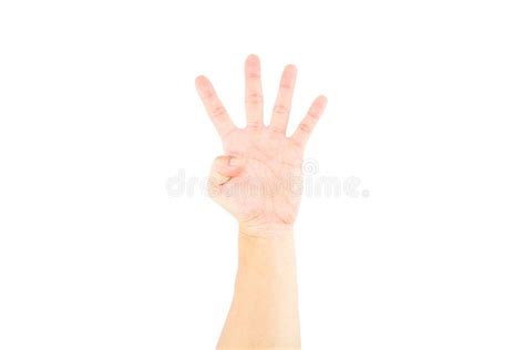 Asian Male Hand Showing Four Fingers On White Background Stock Photo