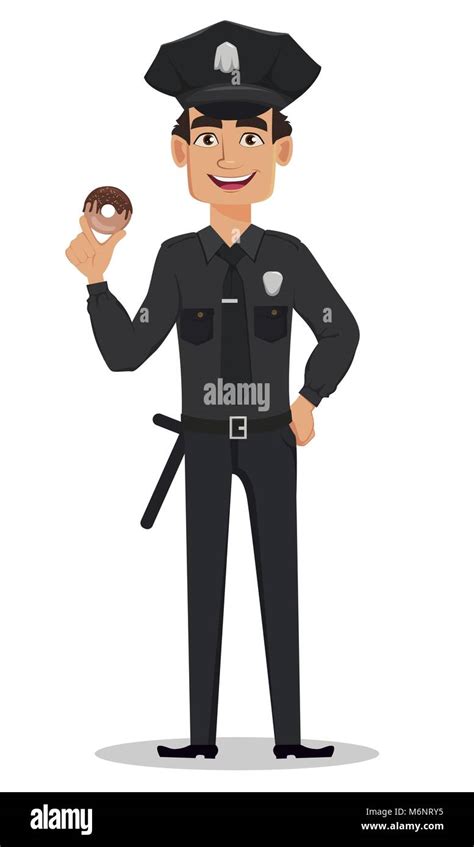 Police Officer Policeman With Tasty Donut Smiling Cartoon Character