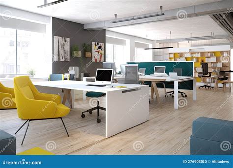 Modern Office Space With Open Floor Plan Sleek Furniture And Touch Of