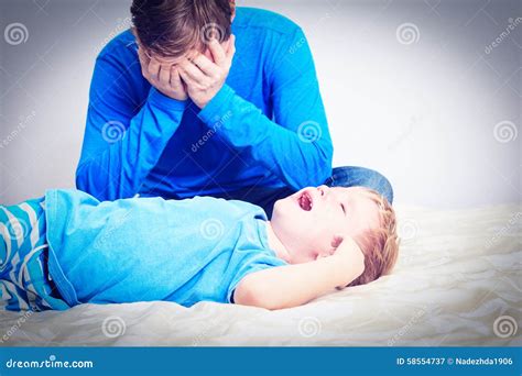 Crying Child Tired Father Stock Image Image Of Adult 58554737