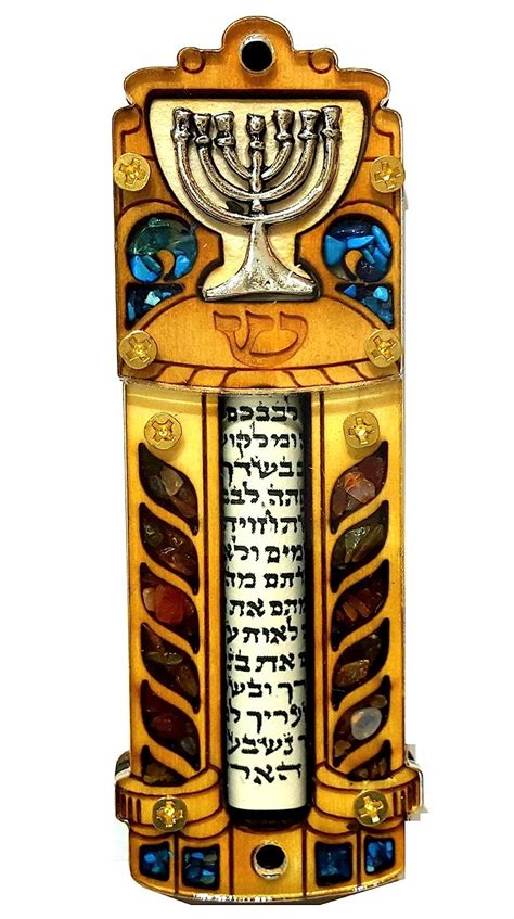 Jewish Mezuzah Case With Scroll Menorah Wood And Gemstones Israel Judaica