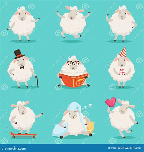 Cute Little Sheep Cartoon Characters Set For Label Design Colorful