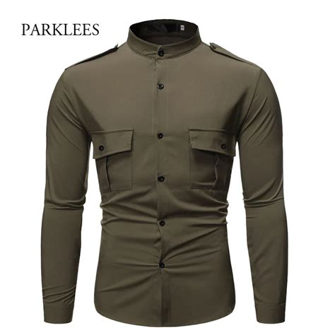 Military Epaulette Mens Work Shirts 2019 New Army Green Pocket Stand Collar Tactical Shirt Men