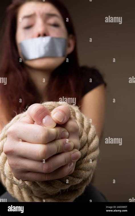 Crying Girl With Tied Hands Stock Photo Alamy