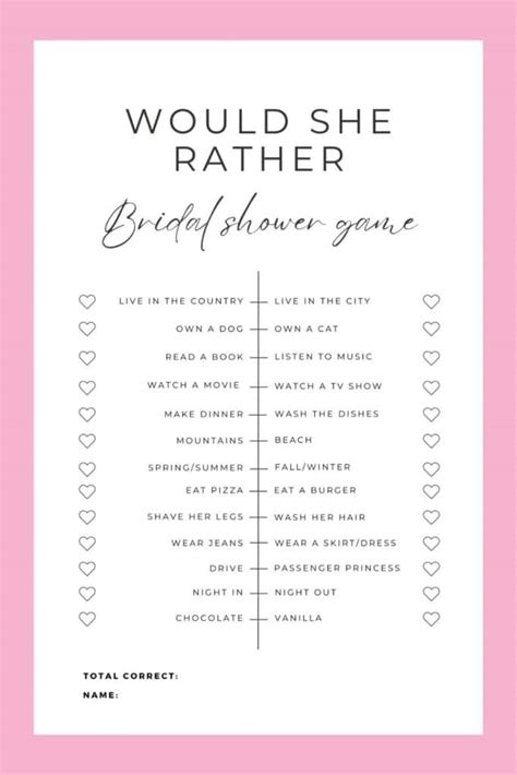 Would She Rather Bridal Shower Game Free Printable Party Ideas For Real People