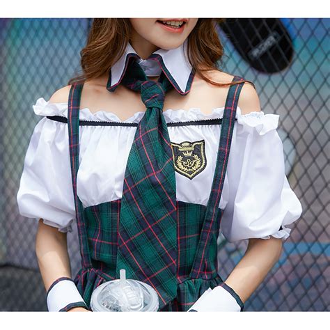 4pcs pretty school girl off shoulder fake two pieces checkered dress adult cosplay costume n19472
