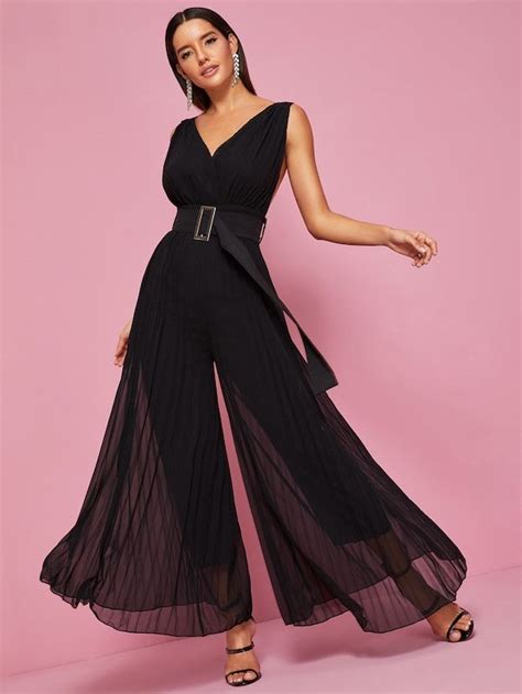 Backless Pleated Wide Leg Belted Jumpsuit Shein Fashion Belt